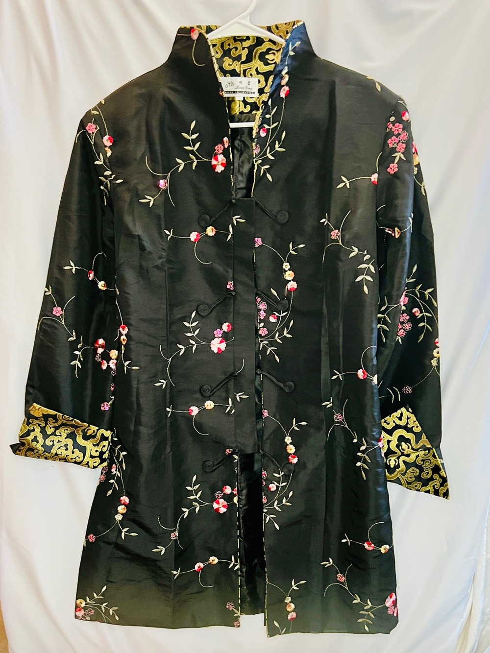 Ming Xing Vintage Chinese Embroidered Jacket Black Satin Floral Frog Closure XL